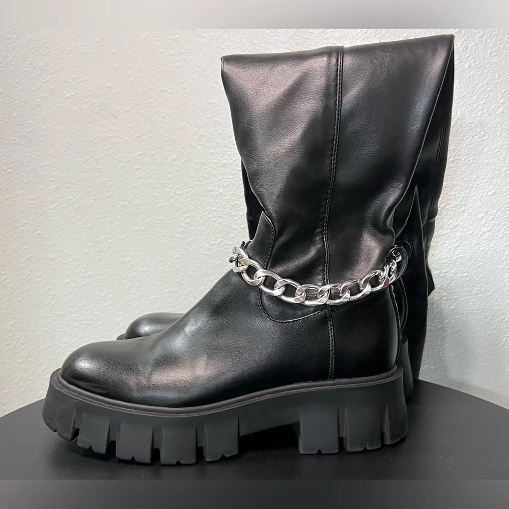G By Guess Coen Tall Platform Boots Over The Knee Chain Chunky Festival Goth